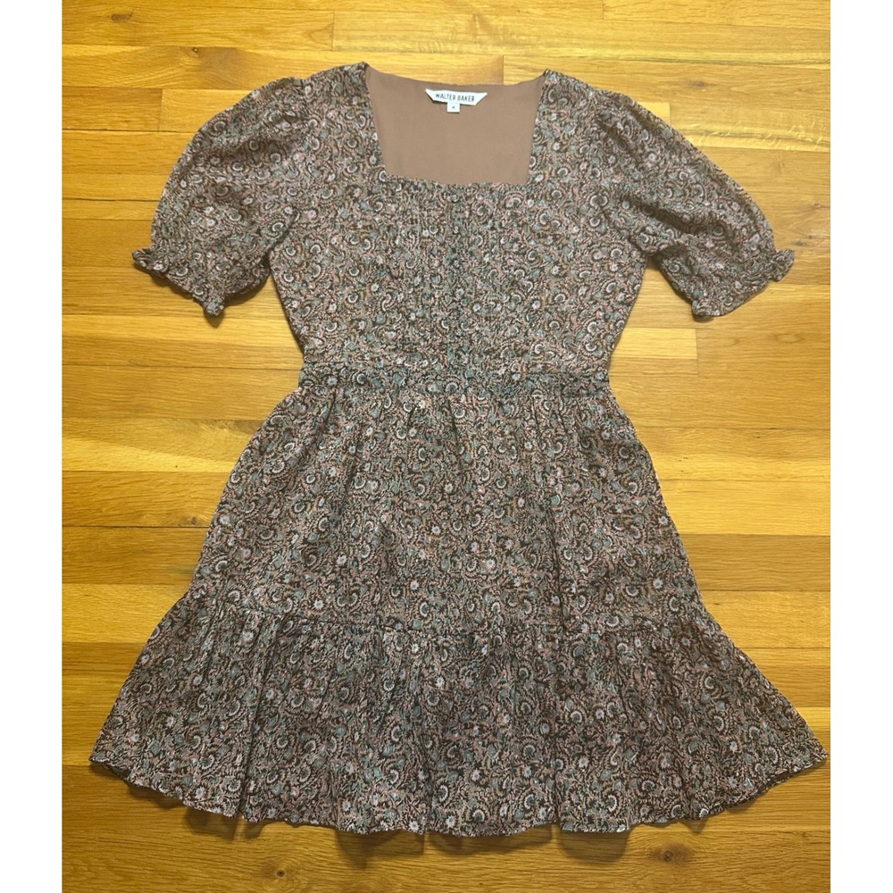Walter Baker Womens Paisley Floral Square‎ Neck Tiered Mini Dress Brown Size 4